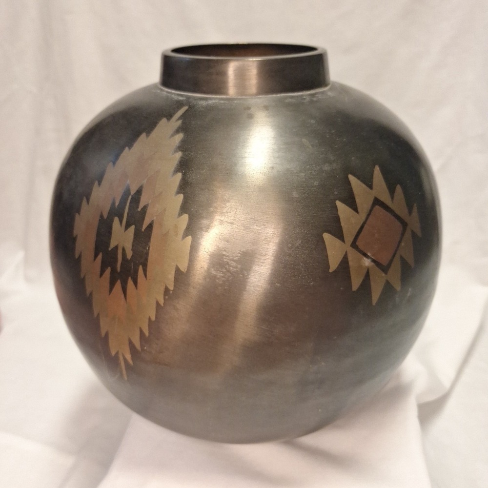 11.5" x 10.75"‎ Vintage MCM Brass Art Ware Vase AMC NY Boho Geometric Southwest